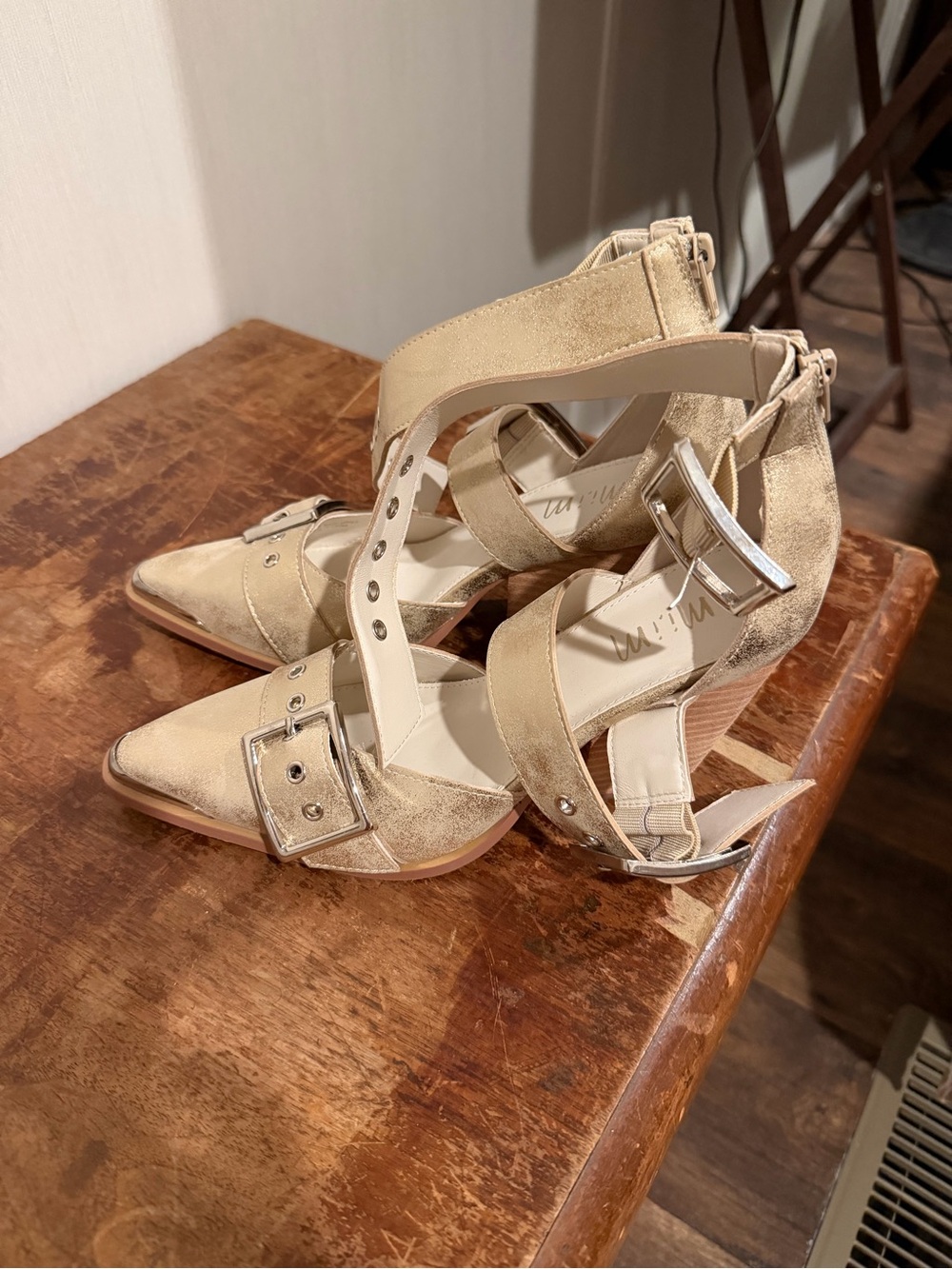 Beige Suede Strappy Pointed-Toe Heels with Buckle Accents
